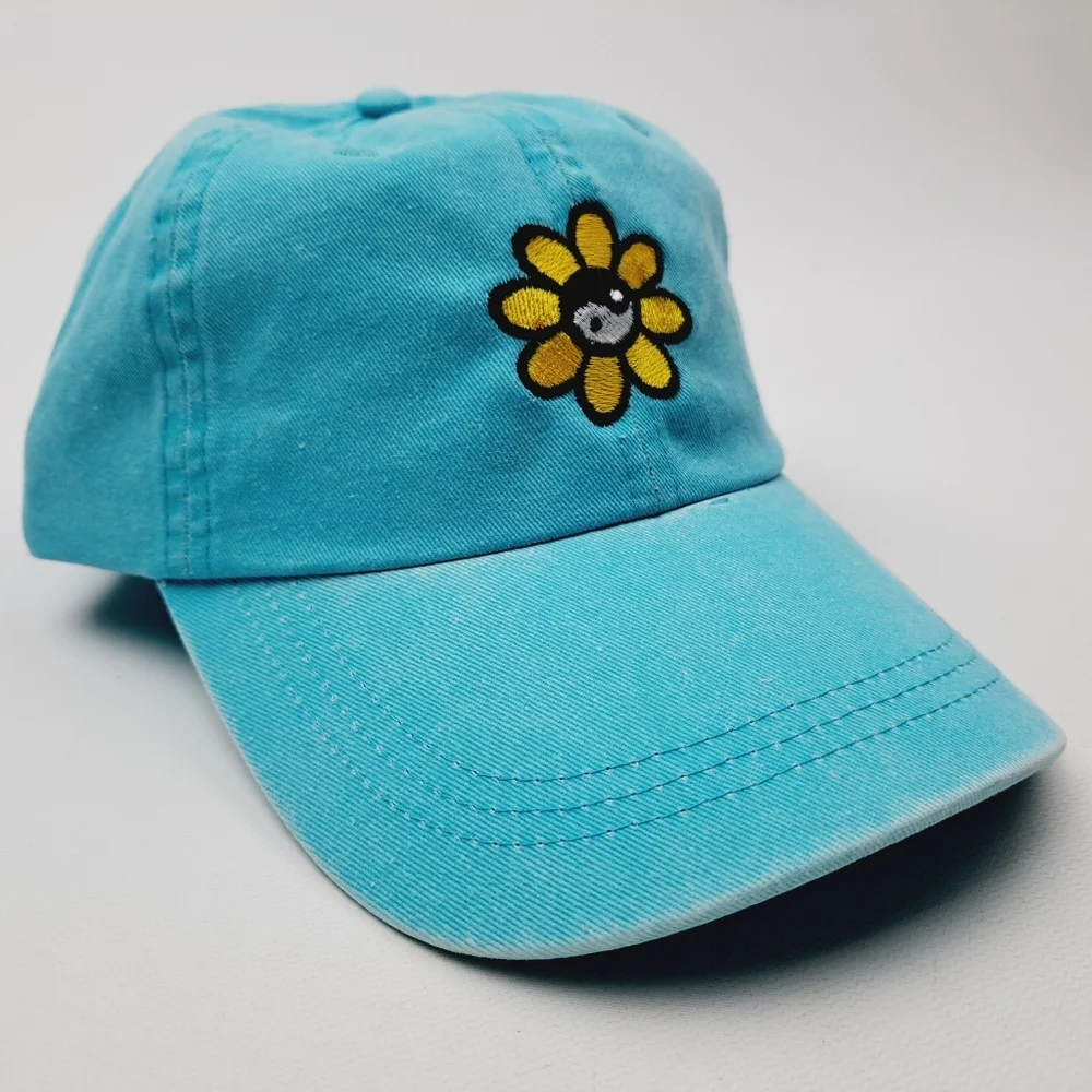 Yin Yang Flower Embroidered Relaxed Cotton Hat Cap Light Blue Washed Adjusta…